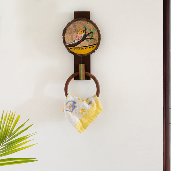 Singing Bird' Wooden Hand Towel Ring Holder (Hand-Painted)