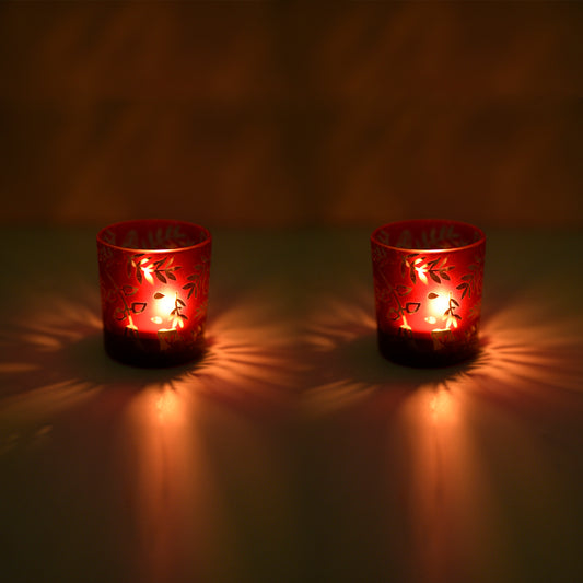 Etched Red Glass T-light Candle Holder Set – (Set of 2)