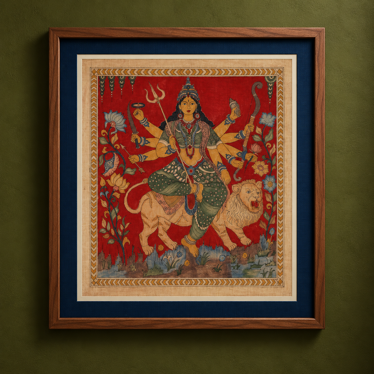 Srikalahasti kalamkari art wall hanging with goddess mata motif by ghanshyam sarode (47 x 44 in)