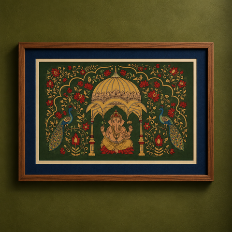 Srikalahasti Kalamkari Art Wall Hanging with Lord Ganesha Motif by Ghanshyam Sarode (26 x 42 in) 14