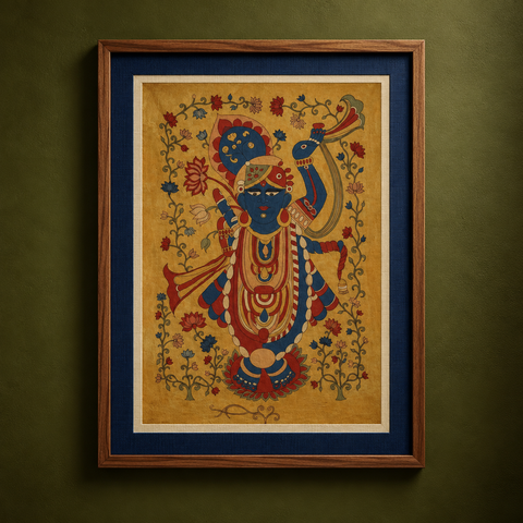 Srikalahasti Kalamkari Art Wall Hanging with Lord Krishna Motif by Ghanshyam Sarode (52 x 38 in) 06