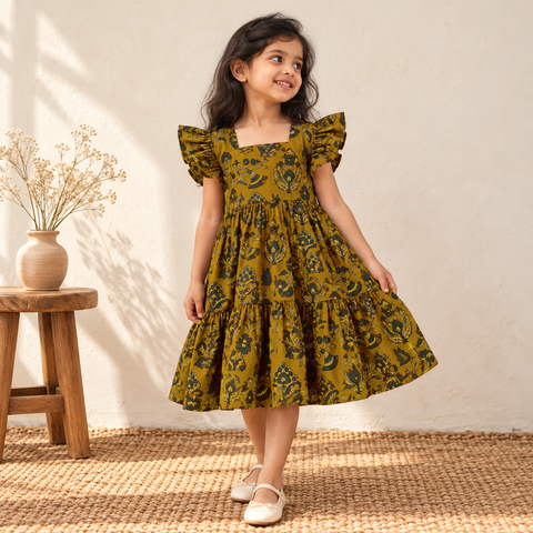 Pure Cotton Girls Tiered Frock Dress in Ajrakh Block Print (3-4 Years) 44