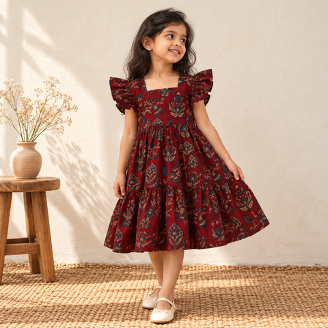 Pure Cotton Girls Tiered Frock Dress in Ajrakh Block Print (3-4 Years) 37