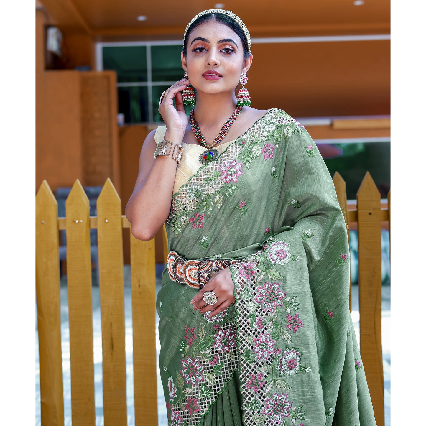 Apeksha Green Silk Handwork Saree