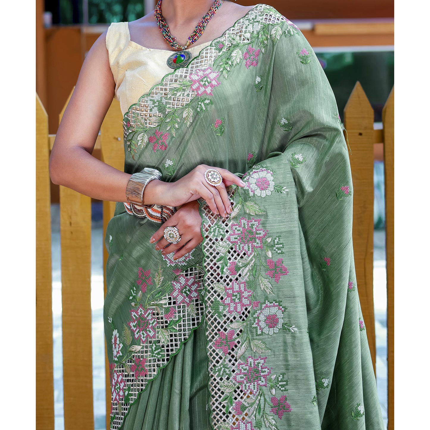 Apeksha Green Silk Handwork Saree