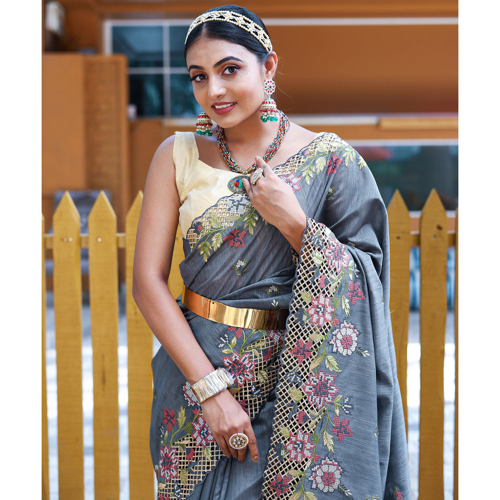 Apeksha Grey Silk Handwork Saree