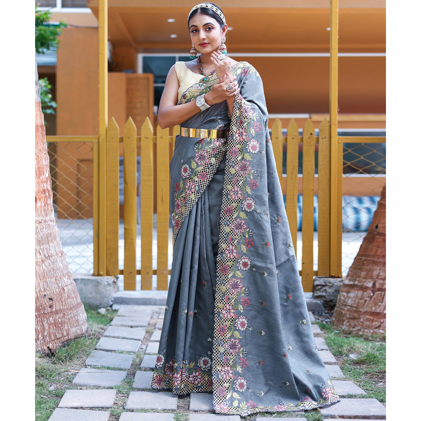 Apeksha Grey Silk Handwork Saree