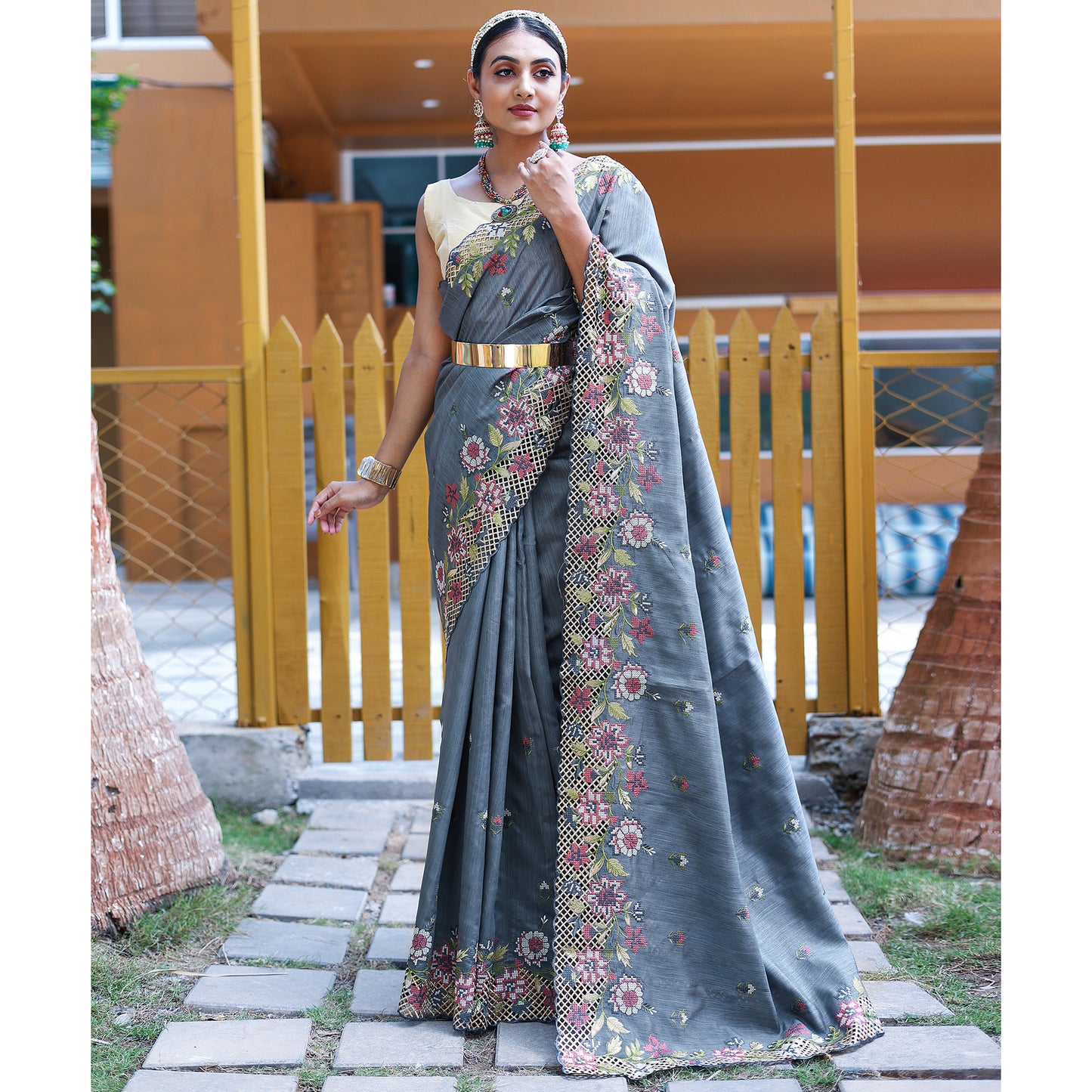 Apeksha Grey Silk Handwork Saree