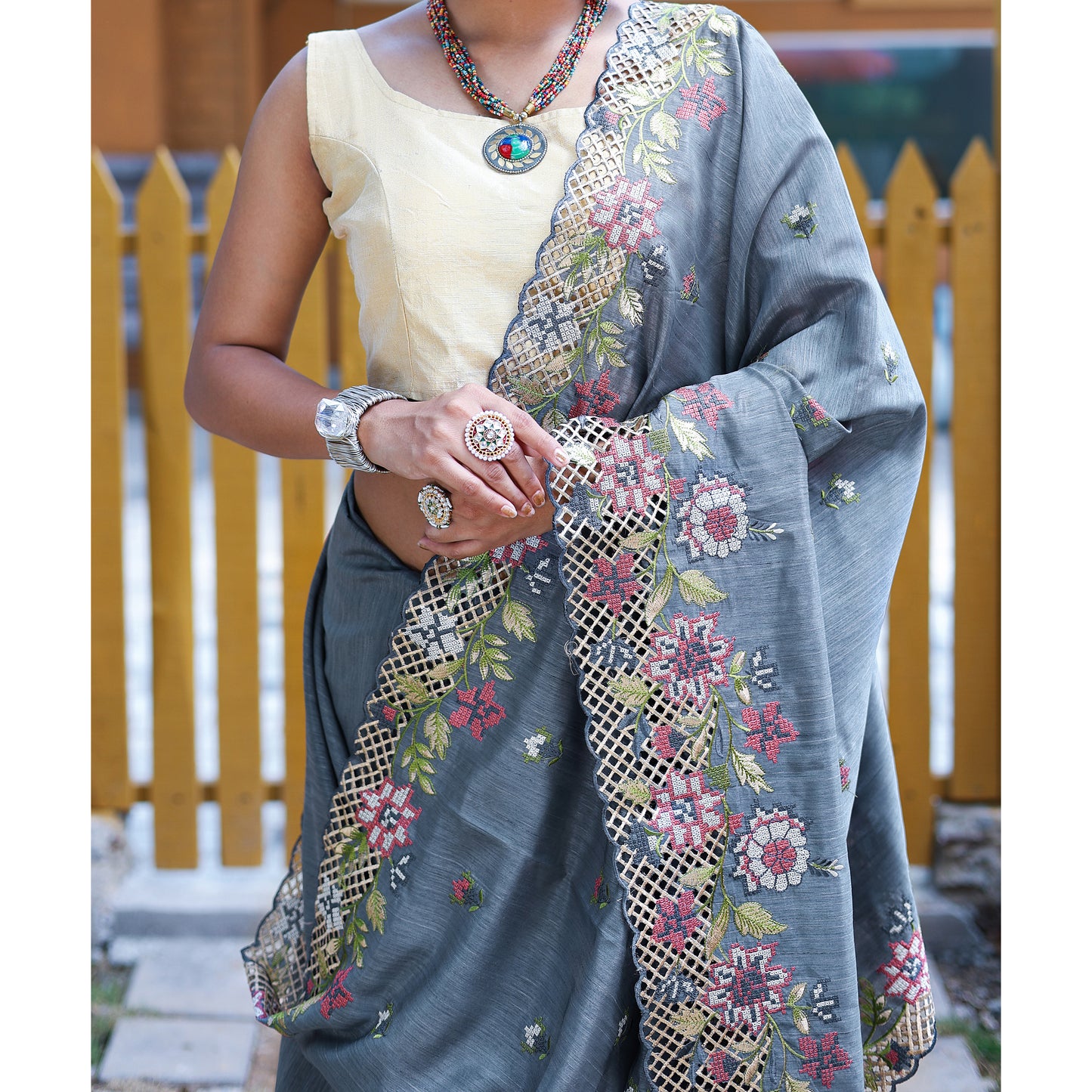 Apeksha Grey Silk Handwork Saree