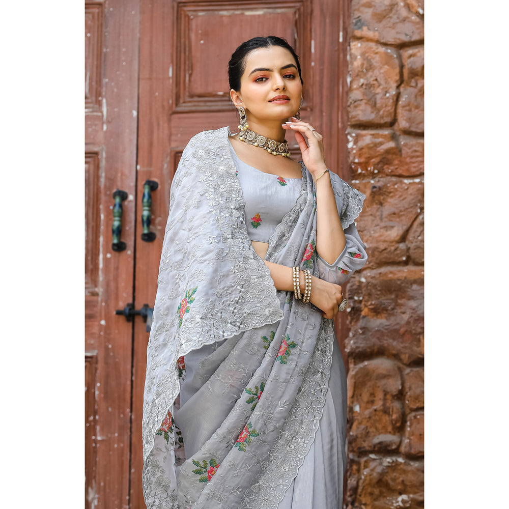 Ankita Grey Chiffon Handwork Saree