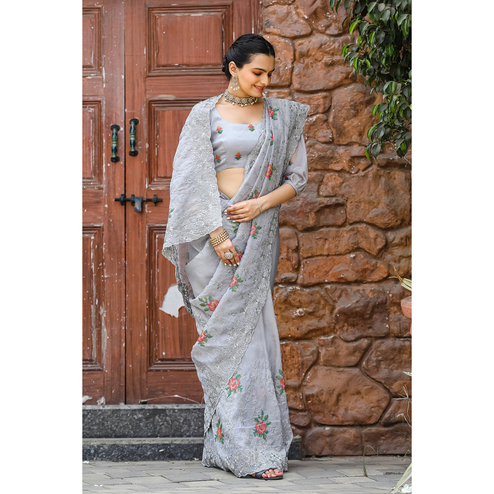 Ankita Grey Chiffon Handwork Saree