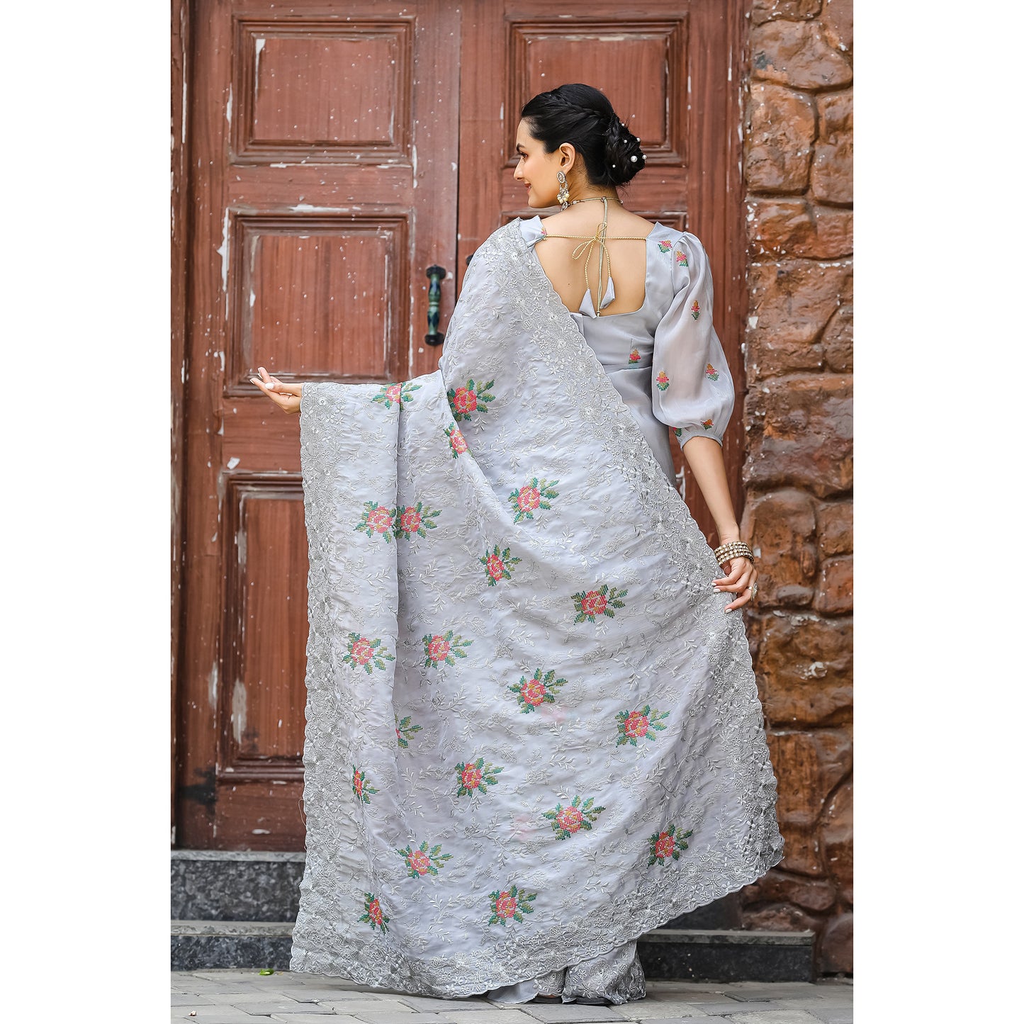 Ankita Grey Chiffon Handwork Saree