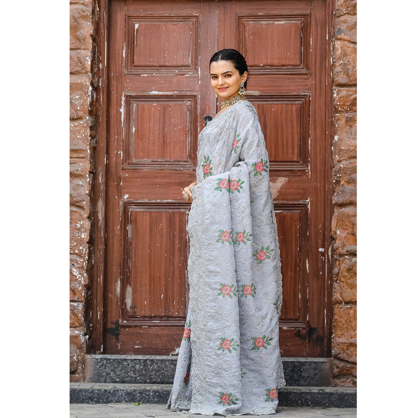 Ankita Grey Chiffon Handwork Saree