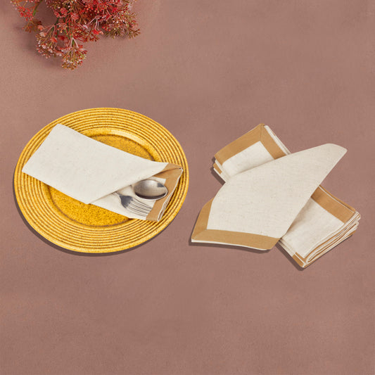 Dining Table Premium Cotton Table Napkin with Beige Border (Set of 6, Off White and Beige)