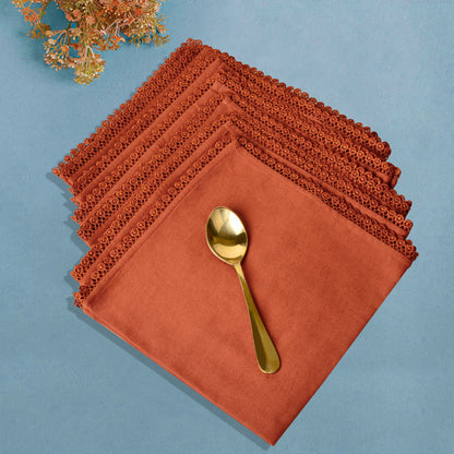 Dining Table Premium Cotton Table Napkin with Crochet Ends (Set of 6, Rust)
