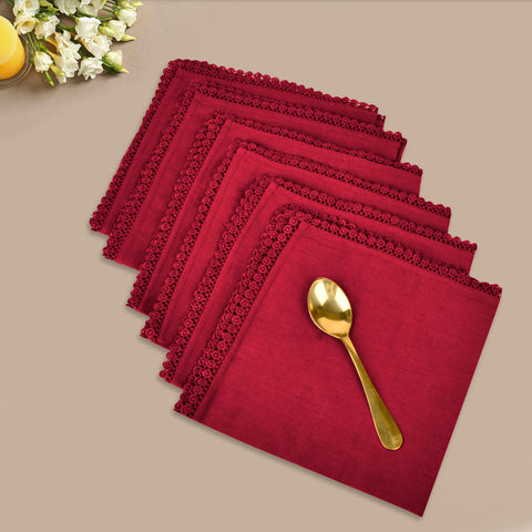 Dining Table Premium Cotton Table Napkin with Crochet Ends (Set of 6, Maroon)