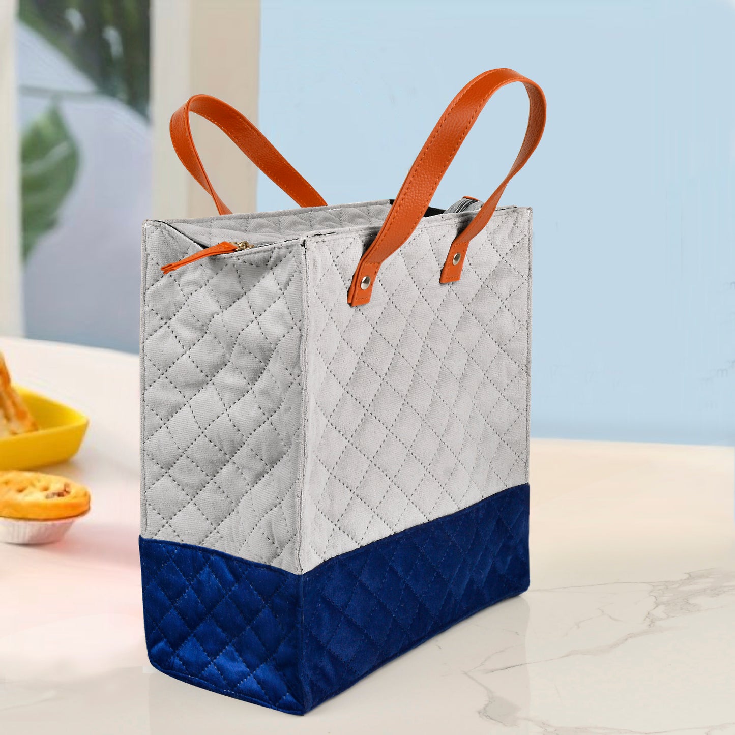 Quilted Velvet Lunch Bag ( 28 x 25 x 14 cm , Grey & Blue, Waterproof Lining )