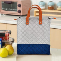 Quilted Velvet Lunch Bag ( 28 x 25 x 14 cm , Grey & Blue, Waterproof Lining )