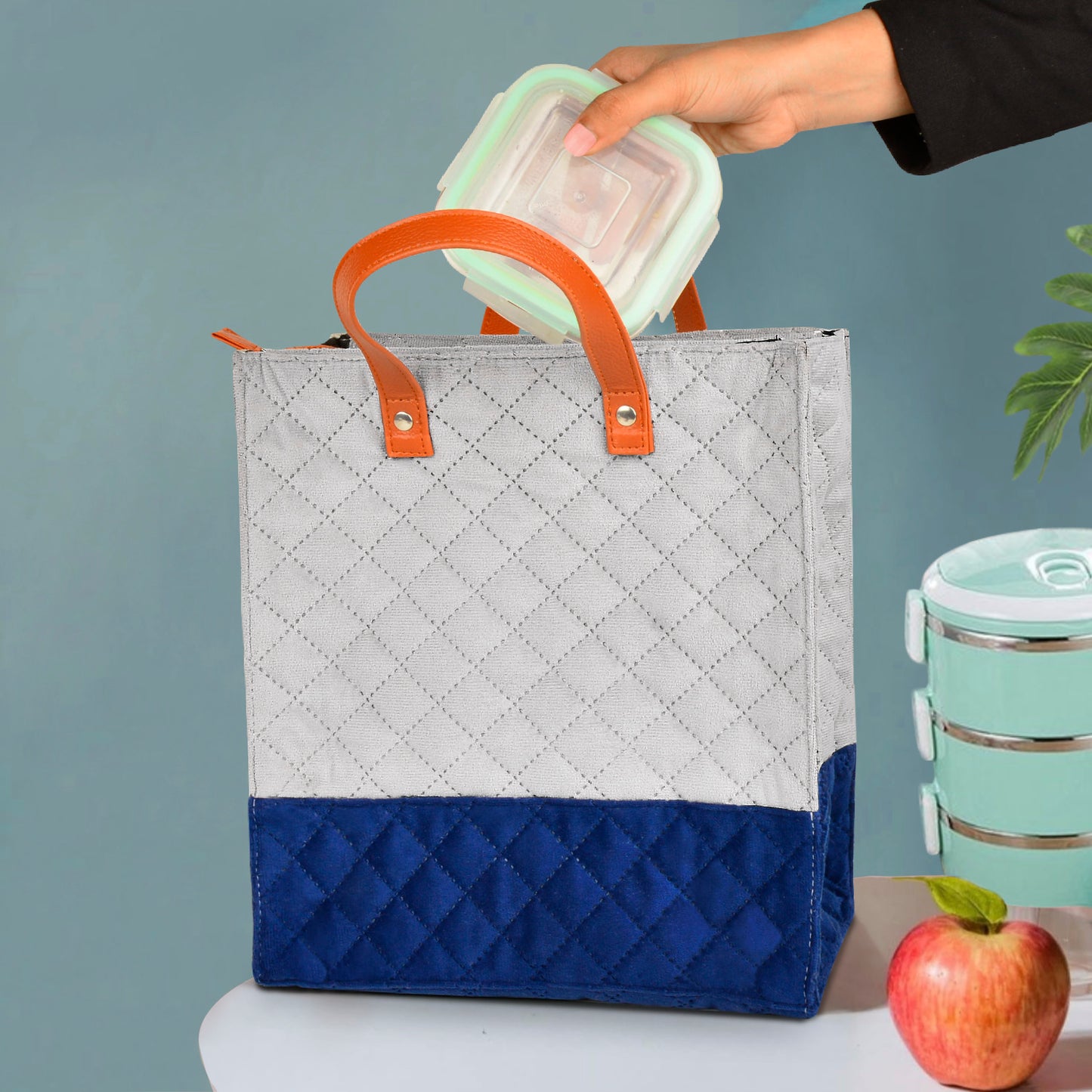 Quilted Velvet Lunch Bag ( 28 x 25 x 14 cm , Grey & Blue, Waterproof Lining )