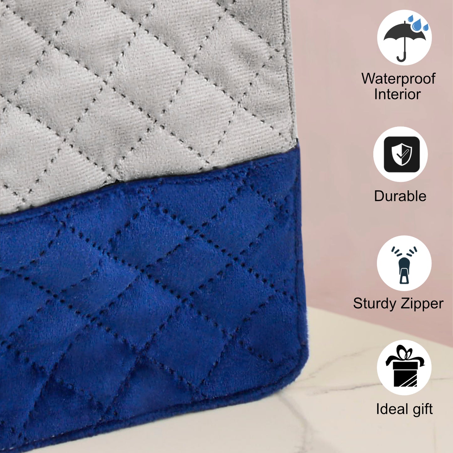 Quilted Velvet Lunch Bag ( 28 x 25 x 14 cm , Grey & Blue, Waterproof Lining )