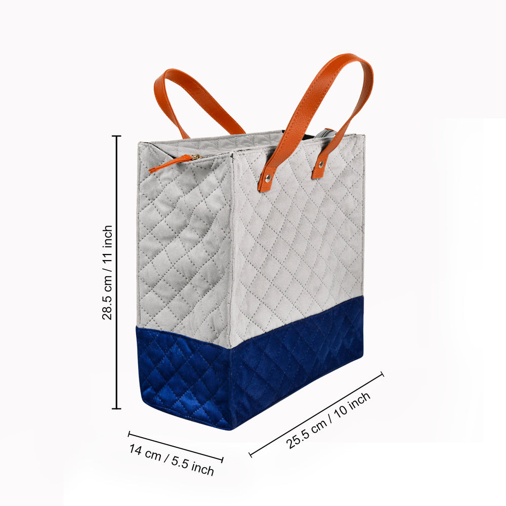 Quilted Velvet Lunch Bag ( 28 x 25 x 14 cm , Grey & Blue, Waterproof Lining )