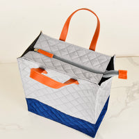 Quilted Velvet Lunch Bag ( 28 x 25 x 14 cm , Grey & Blue, Waterproof Lining )