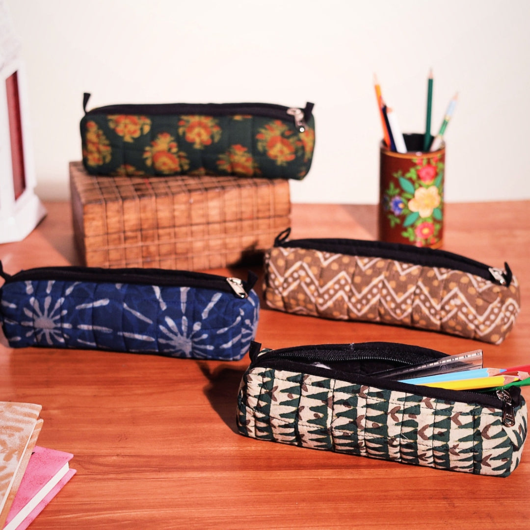 Black - Handcrafted Cotton Quilted Pencil Pouch 14