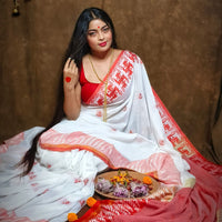 White - Durga Puja Special! Nadia Thread Buti Fine Cotton Saree 01