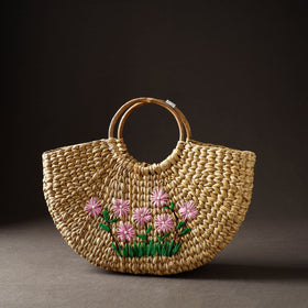 Beige Handcrafted Natural Water Reed Embroidered Hand Bag