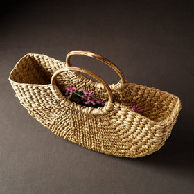 Beige Handcrafted Natural Water Reed Embroidered Hand Bag