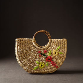 Beige Handcrafted Natural Water Reed Embroidered Hand Bag