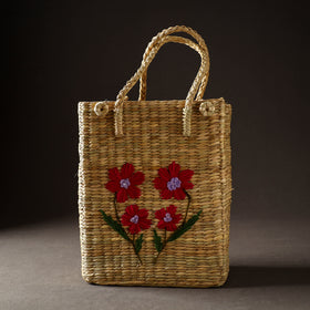 Beige Handcrafted Natural Water Reed Embroidered Shopping Bag