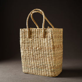 Beige Handcrafted Natural Water Reed Embroidered Shopping Bag