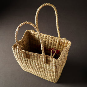Beige Handcrafted Natural Water Reed Embroidered Shopping Bag