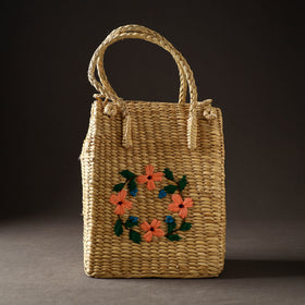 Beige Handcrafted Natural Water Reed Embroidered Shopping Bag