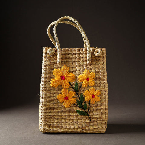 Beige - Handcrafted Natural Water Reed Embroidered Shopping Bag