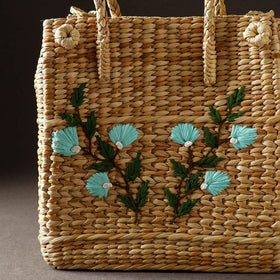 Beige Handcrafted Natural Water Reed Embroidered Shopping Bag