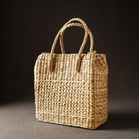 Beige Handcrafted Natural Water Reed Embroidered Shopping Bag