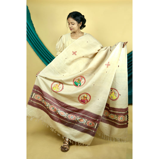 Beige - Pattachitra Ikkat Handpainted Dupatta