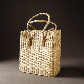 Beige Handcrafted Natural Water Reed Embroidered Shopping Bag