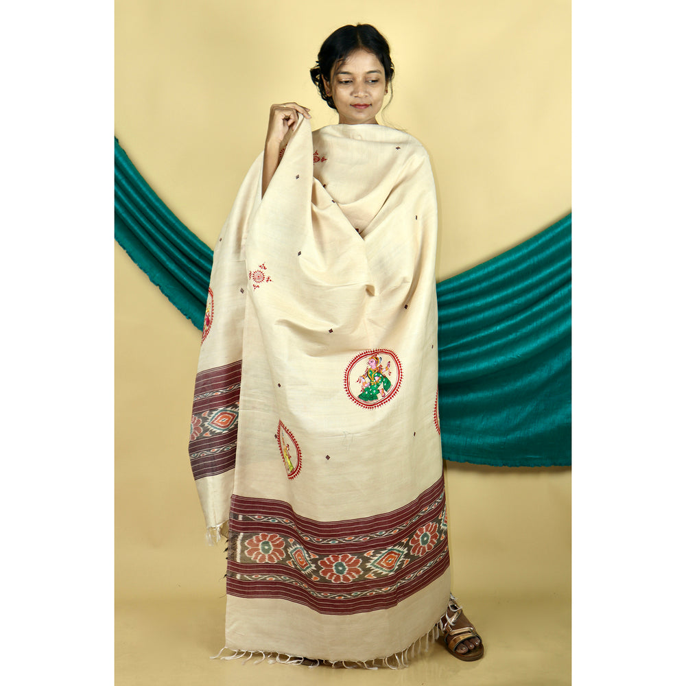 Beige - Pattachitra Ikkat Handpainted Dupatta