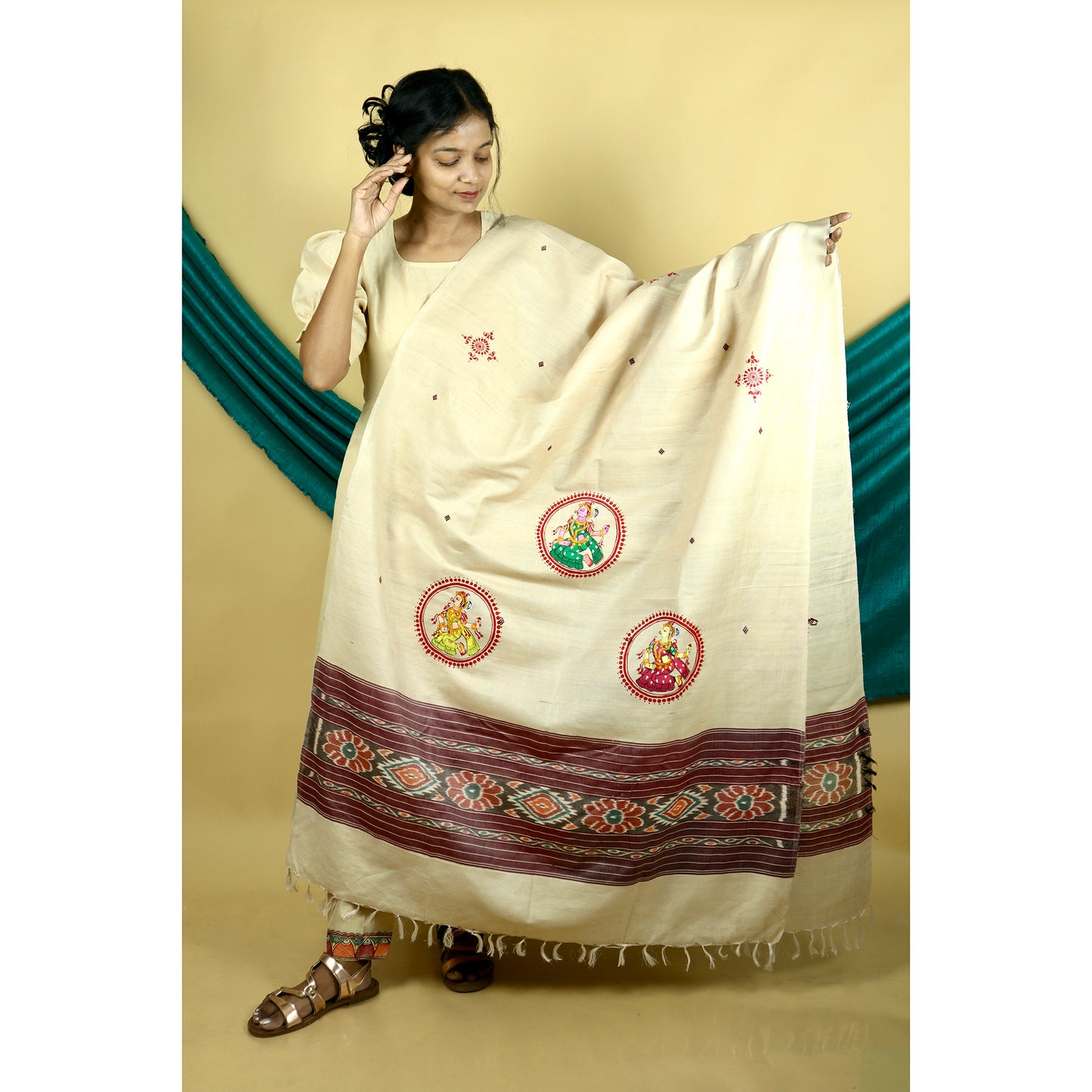 Beige - Pattachitra Ikkat Handpainted Dupatta