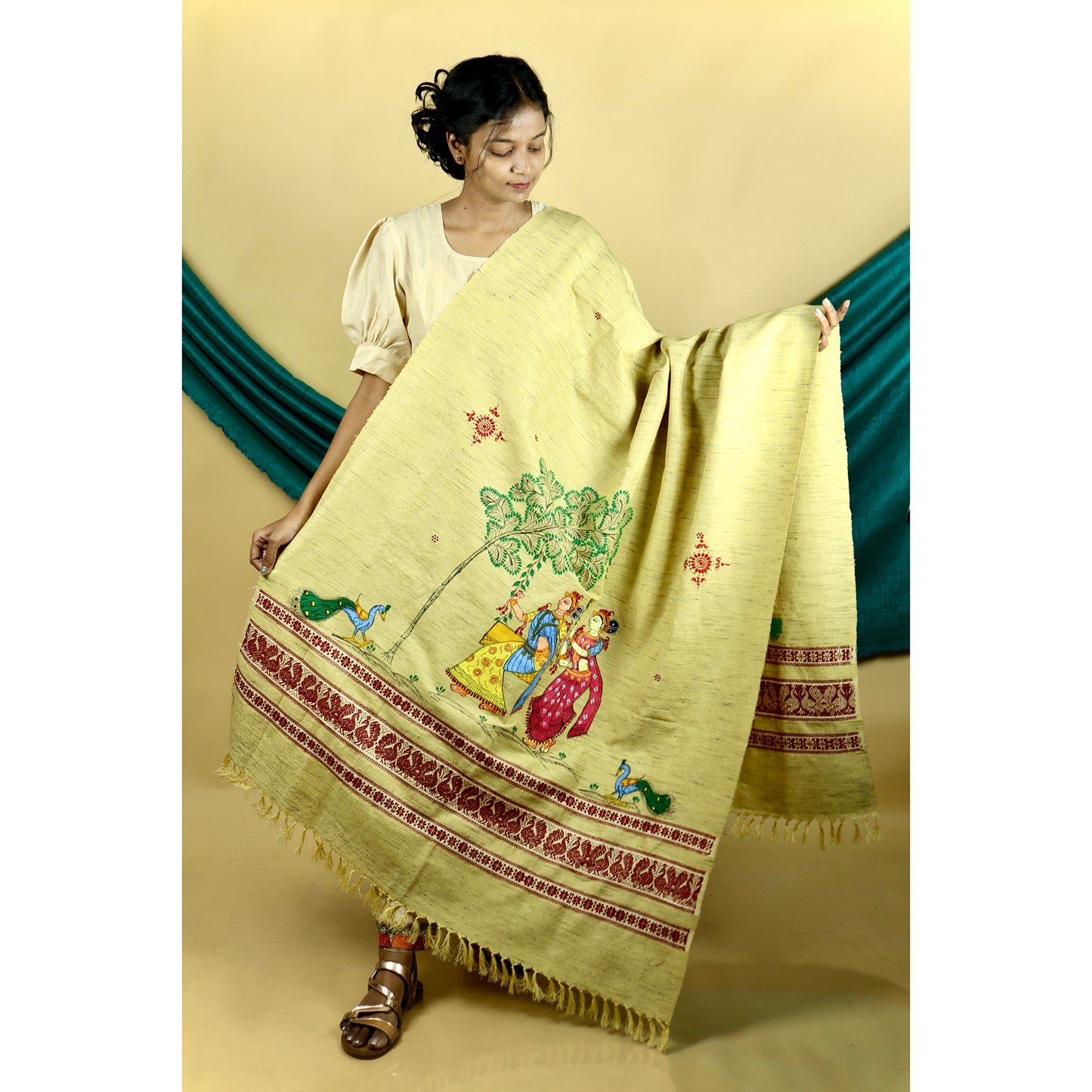 Pattachitra "Mayur" Handpainted Raw Silk Cotton Shawl