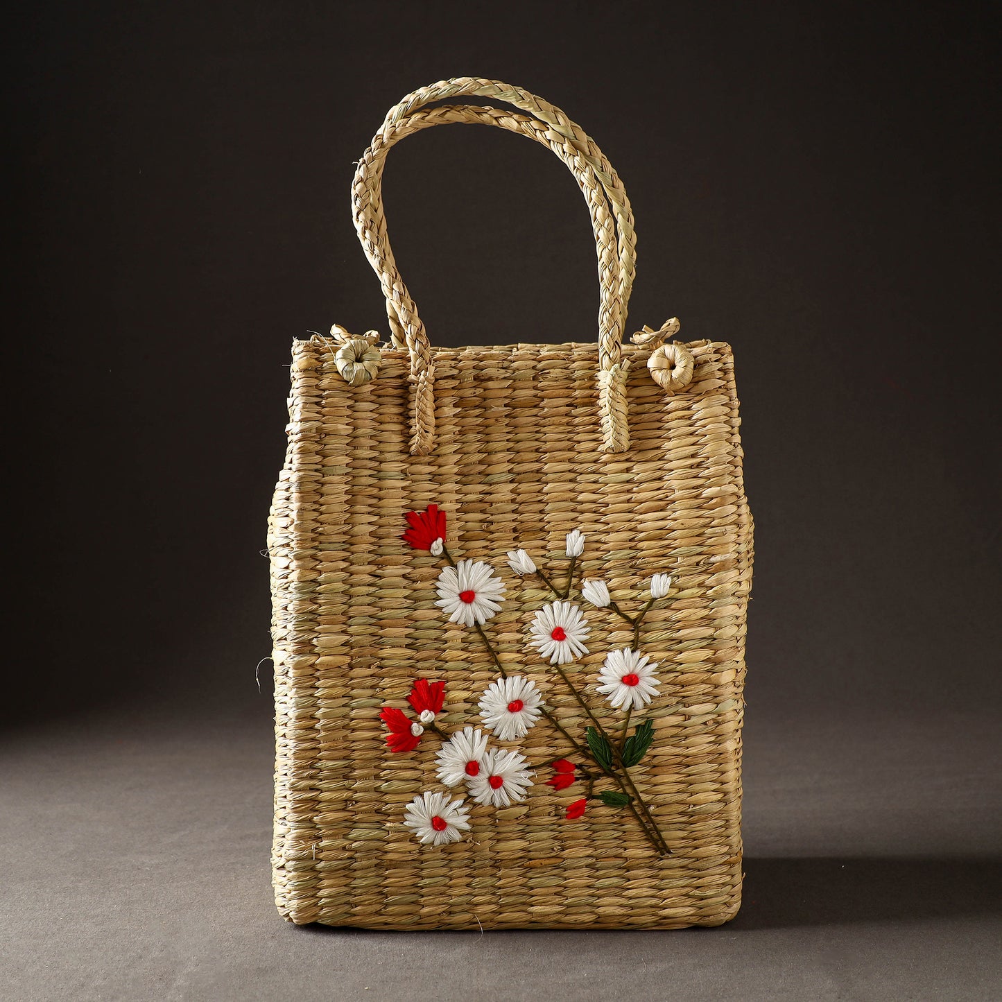 Handcrafted Natural Water Reed Embroidered Shopping Bag