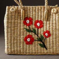 Beige - Handcrafted Natural Water Reed Embroidered Shopping Bag