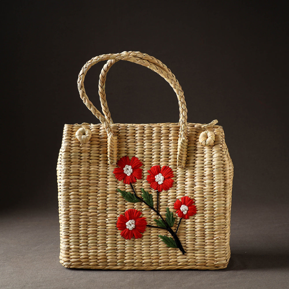 Beige - Handcrafted Natural Water Reed Embroidered Shopping Bag