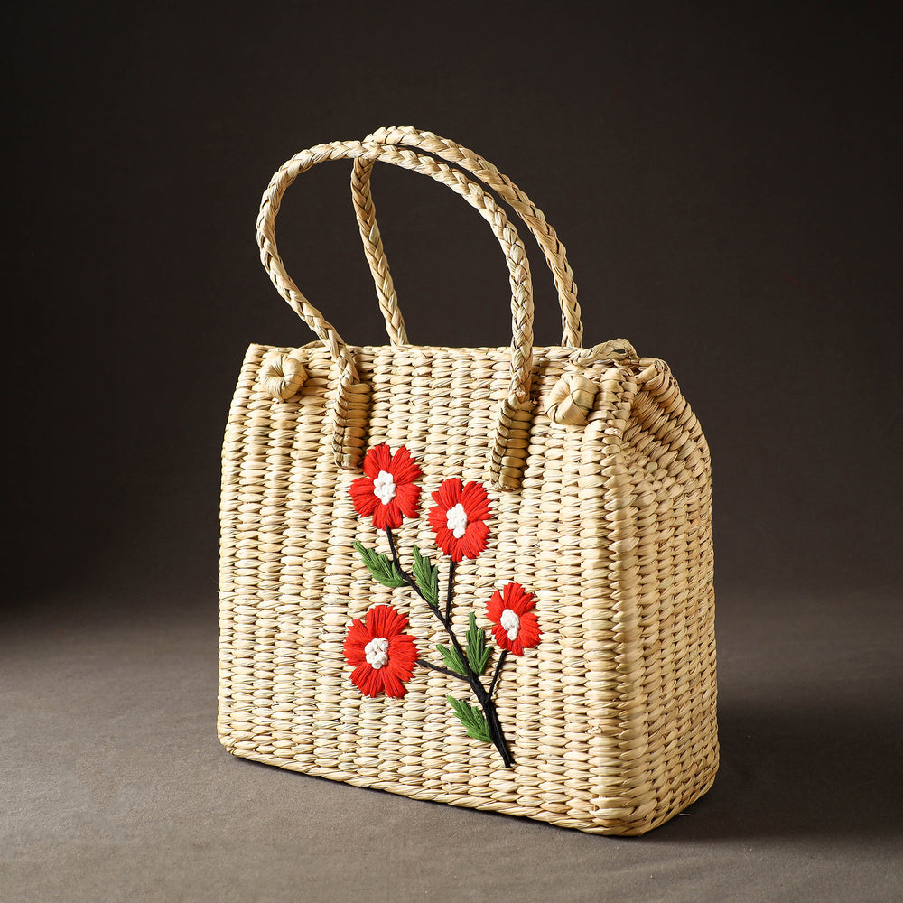 Beige - Handcrafted Natural Water Reed Embroidered Shopping Bag