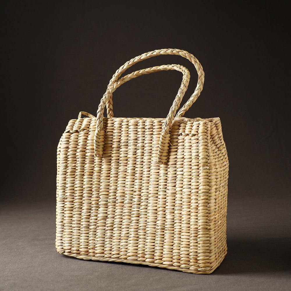 Beige - Handcrafted Natural Water Reed Embroidered Shopping Bag