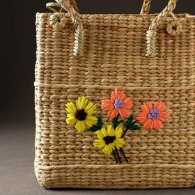 Beige Handcrafted Natural Water Reed Embroidered Shopping Bag