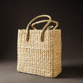 Beige Handcrafted Natural Water Reed Embroidered Shopping Bag